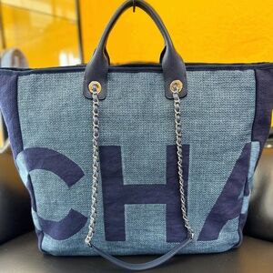 CHANEL Denim Deauville Logo Shopping Chain Tote Large Bag & Card